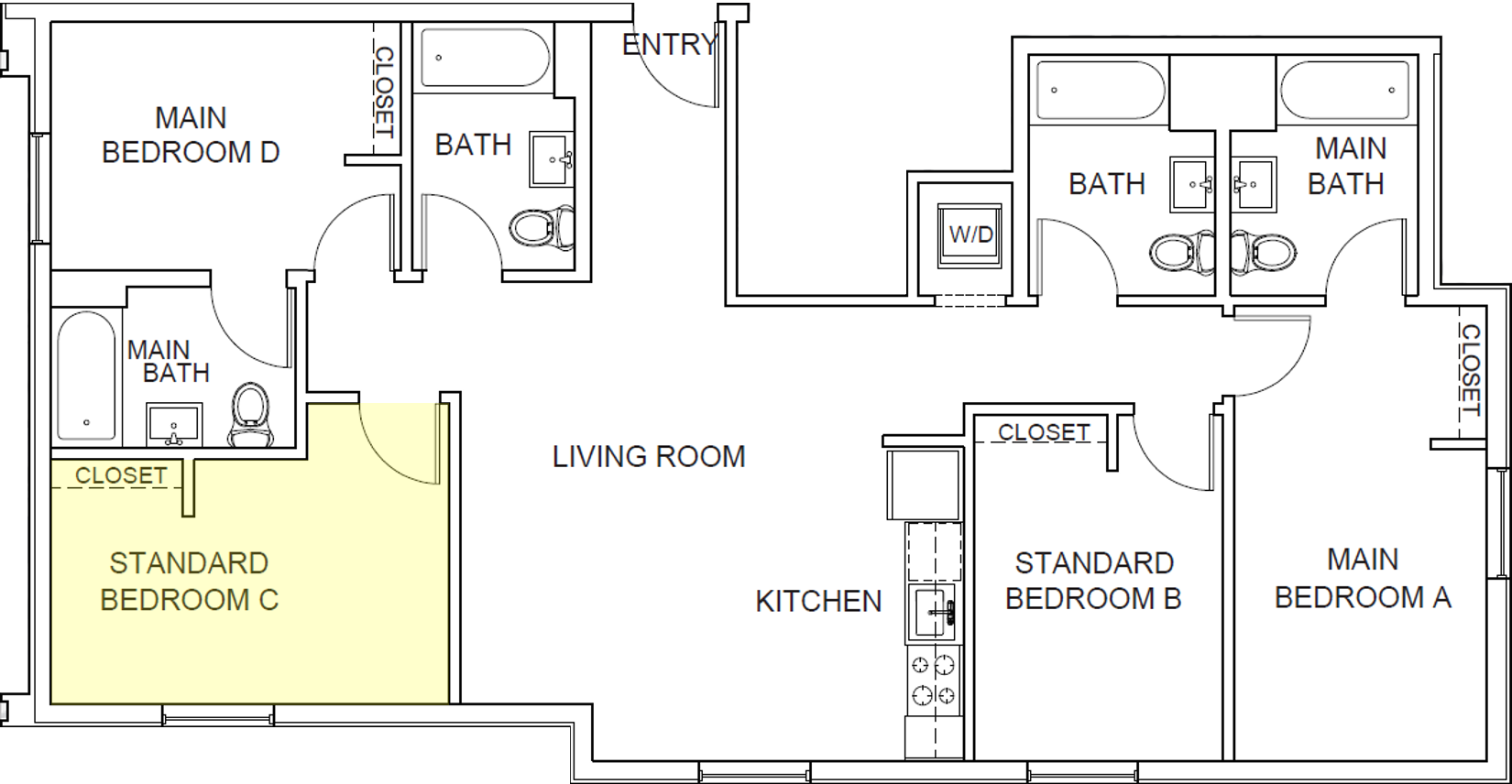 Floor plan for 4 beds, 4 baths, 290 sqft